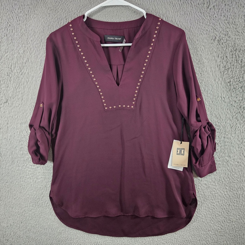 NEW Ivanka Trump Womens Studded V-Neck Roll Tab Sleeve Blouse Burgundy Size S